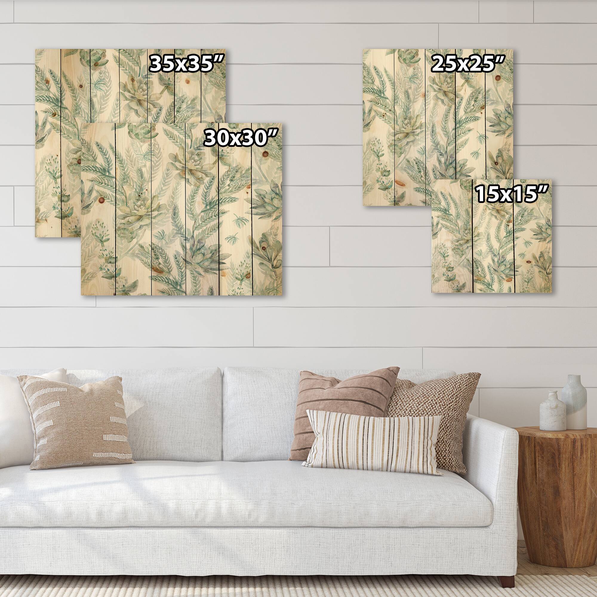 Designart - Floral Seamless Pattern Succulents Ferns Thorns - Farmhouse Print on Natural Pine Wood